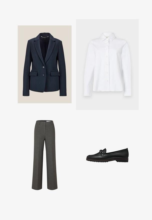 Marineblazer gemaakt van gestructureerde stof, met een gekleed kraag, twee voorzakken en twee knopen aan de voorkant.; CLOSED CLASSIC SHIRT WITH STRAP DETAIL - Overhemdblouse - white; Donkergrijze, op maat gemaakte broek met wijde pijpen, voorplooien en tailleband met riemlussen tegen een witte achtergrond.; Zwarte leren instapschoenen met een gevlochten accent voorop, vlakke rubberen zool en gestikte details langs de rand.