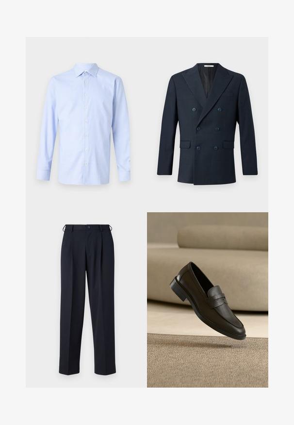 Marineblauer doppelreihiger Blazer aus strukturiertem Stoff, mit breiten Revers, vier blauen Knöpfen und zwei vorderen Taschen mit einem dezenten Karomuster.; Hellsblaues Langarmhemd mit kariertem Muster, Knopfleiste, spitzen Kragen und subtiler Textur. Taillierte Passform mit geknöpften Manschetten.; Marineblaue, maßgeschneiderte Hose mit Knopf- und Reißverschluss vorne, Gürtelschlaufen und Seitentaschen, gezeigt auf weißem Hintergrund.; Schwarzer Lederloafer, der auf einem beigen Teppich liegt, mit einem gebogenen beigen Sofa im Hintergrund.