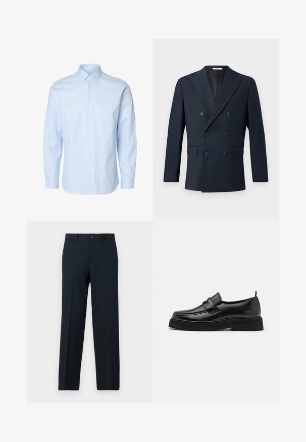 Marineblå dobbeltbrystet blazer i tekstureret stof med brede revers, fire blå knapper og to frontlommer med et subtilt ternet mønster.; Lyseblå herreskjorte med lange ærmer, knapper foran og almindelig krave på hvid baggrund.; Sorte slim-fit bukser med knap- og lynlåslukning, bæltestropper og lige ben.; Sorte læder loafersko i stil med flad, tekstureret sål, med en syet tå og en rem over vristen.