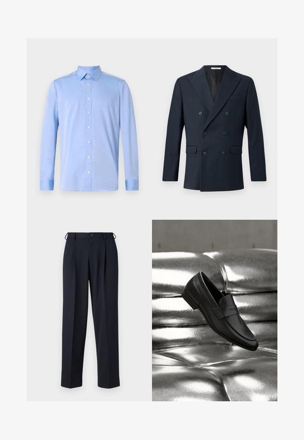 Marineblå dobbeltbrystet blazer i tekstureret stof med brede revers, fire blå knapper og to frontlommer med et subtilt ternet mønster.; Lyseblå skjorte med lange ærmer, klassisk krave og hvide knapper. Stof virker glat med en subtil tekstur.; Marineblå skræddersyede bukser med knap- og lynlåslukning foran, bæltestropper og sidelommer, vist på en hvid baggrund.; Sort læderloafer placeret over en skinnende metalisk sølv tuftet pude baggrund.
