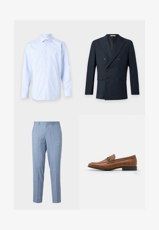 Blazer de corte cruzado en navy de tejido texturizado, con solapas anchas, cuatro botones azules y dos bolsillos frontales con un sutil patrón de cuadros.; Camisa de manga larga a rayas azul claro y blanca con cuello clásico, cierre de botones en la parte delantera y puños, hecha de una tela suave.; Pantalones ajustados de color azul claro con un acabado texturizado, diseño entallado y pierna recta. Presenta bolsillos delanteros y pasadores para cinturón.; Mocasines de cuero marrón con tacón plano, que cuentan con un acento metálico decorativo en la parte delantera, diseño elegante y textura suave.
