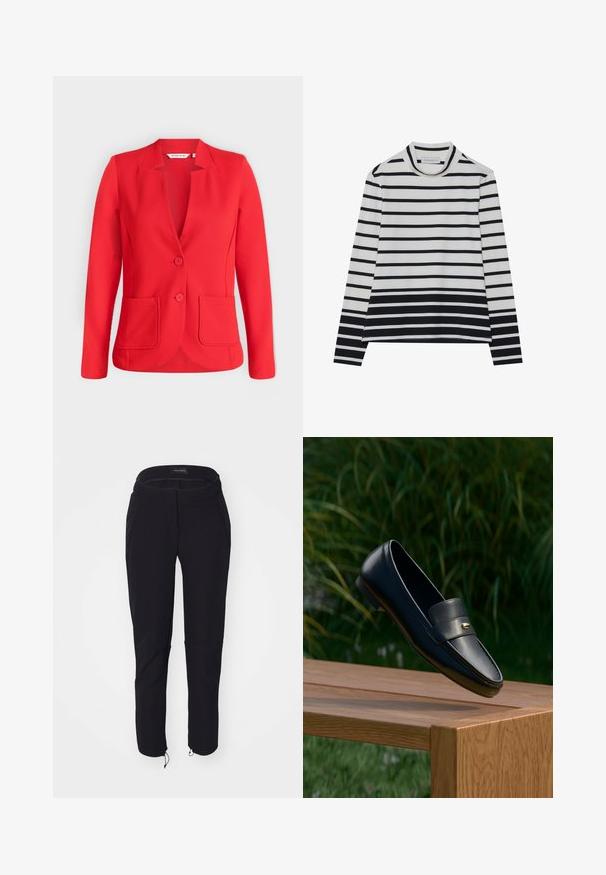 Blazer rouge cintré avec deux boutons, manches longues, col à encoche et deux poches plaquées devant sur fond uni.; T-shirt à manches longues en coton, présentant des rayures horizontales noires et blanches, un col montant haut et une coupe décontractée avec des fentes sur les côtés.; Pantalon noir avec une texture lisse, présentant un design ajusté, une taille élastique, deux poches et des poignets ajustables avec cordons de serrage.; Mocassin en cuir noir avec détail doré flottant au-dessus d’un banc en bois, fond de feuillage vert.