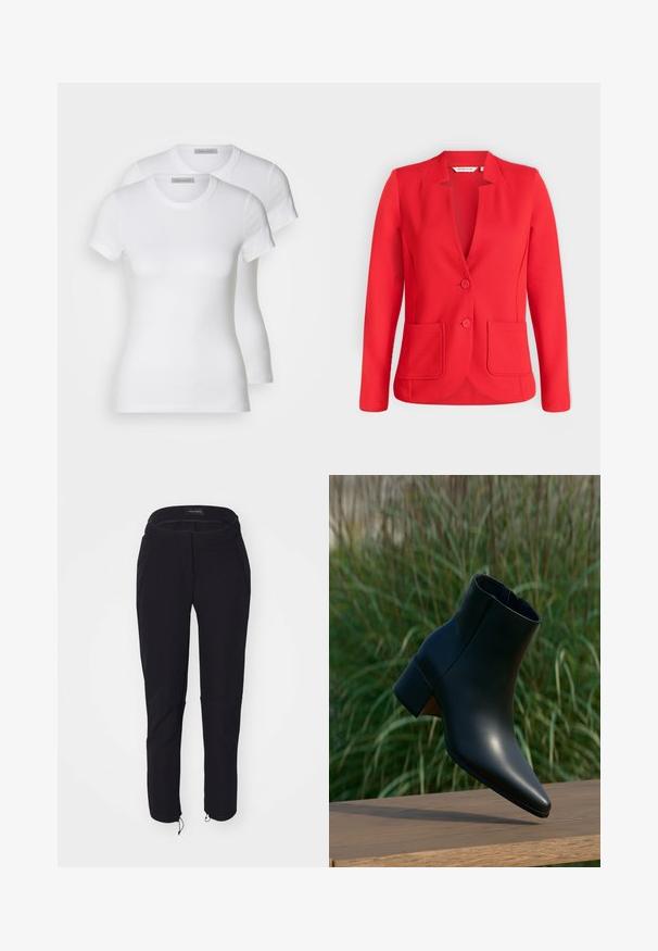 Rood getailleerd colbert met twee knopen, lange mouwen, een notch-kraag en twee opgestikte zakken aan de voorkant op een effen achtergrond.; Twee witte katoenen t-shirts met korte mouwen, ronde halslijnen en een getailleerd silhouet, met een zachte textuur en minimalistisch ontwerp.; Zwarte broek met een gladde textuur, met een slimfit ontwerp, elastische tailleband, twee zakken en verstelbare manchetten met trekkoorden.; Zwarte leren enkellaars met blokhak, puntige neus, weergegeven boven een houten oppervlak met een groene wazige grasachtergrond.