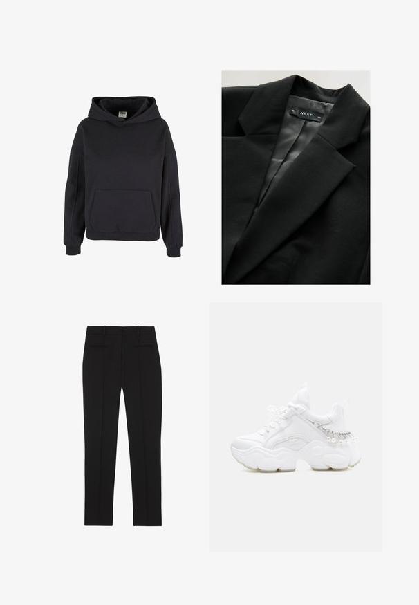 Musta bleiser kergelt lõigatud kraega, siledast kangast ja satiinvoodriga, millel on silt "NEXT."; Mustast pullover-stiilis kapuutsiga dressipluus kengurutasku, soonikkoesäärte ja lõdva lõikega.; Mustad kohandatud sirgjoonelised püksid vööaasade ja kahe tagumise paneeltaskuga, mõeldud pidulikuks kandmiseks.; Valge paksu tallaga tennisking, ees ülessealduva paelte ja kandadel riputatud pärlitega kettdetail.