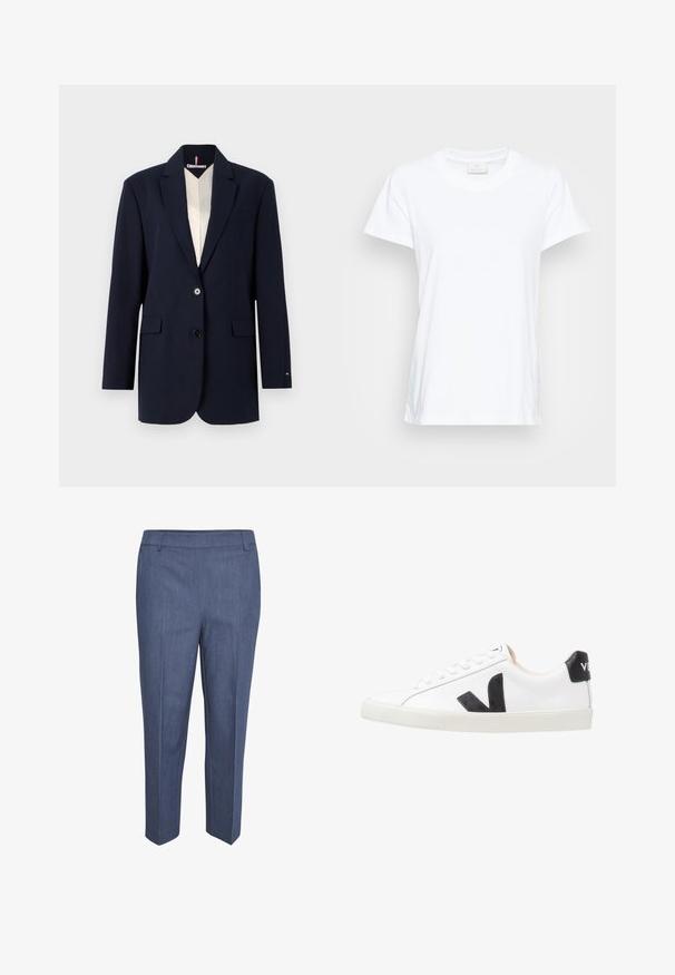 Blazer navy avec deux boutons, revers crantés et poches à rabat à l'avant. Doté d'une doublure intérieure contrastante en crème. Coupe ajustée et texture lisse.; T-shirt blanc à manches courtes en coton doux. Il présente un col rond et une coupe légèrement ample avec des fentes sur les côtés pour un confort accru.; Pantalons sur mesure en tissu bleu foncé avec une texture subtile. Présentent un devant plat, des jambes droites et une taille mi-haute. Pas de poches visibles.; Baskets blanches avec un logo V noir, présentant un dessus en cuir lisse, un bout rond, un système de laçage et un empiècement au talon noir contrastant.