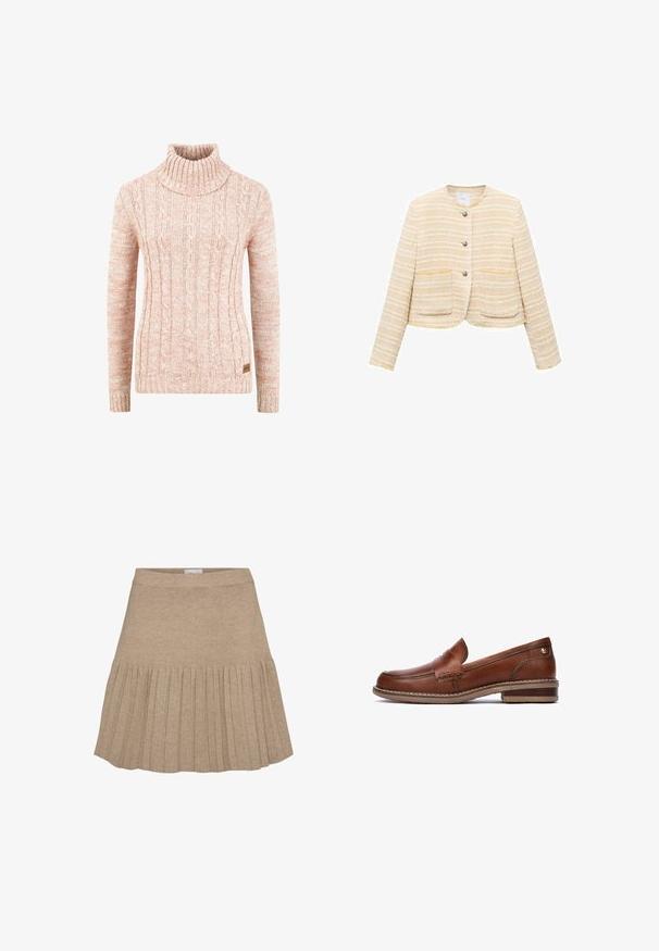 Lichtgele cropped jacket met horizontale strepen, ronde halslijn, sluiting met knopen aan de voorkant en twee opgestikte zakken. Gelaagde stof.; Gebreide coltrui in zacht perzik met een gestructureerd kabelpatroon, lange mouwen en een geweven merklabel aan de zoom.; Beige gebreide rok met een aansluitende tailleband en een geplooid ontwerp dat halverwege begint, waardoor een uitlopende silhouet ontstaat.; Bruine lederen loafers met gestikte details, een lage hak en een gestructureerde rubberen zool. Heeft een kleine gouden accent nabij de hak.