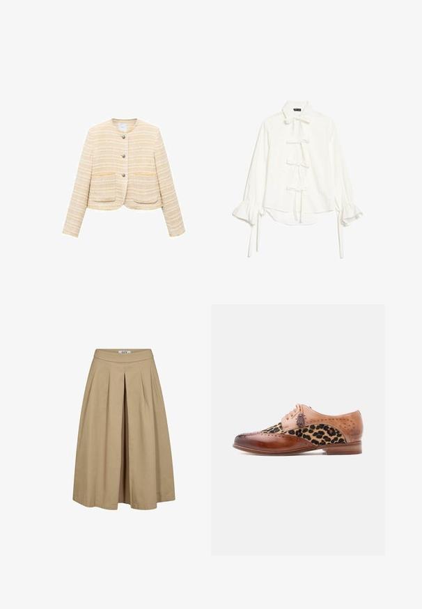 Lys gul cropped jakke med vandrette striber, rund halsudskæring, frontlukning med knapper og to påsyede lommer. Tekstureret stof.; Hvid bluse med lange, flæsekantede ærmer og fem knuder foran, med klassisk krave og let høj-lav kant.; Beige plisseret nederdel med bred kant og en tætsiddende talje. Lavet af letvægtsstof, har en subtil tekstur og rene linjer.; Brun lædersko med leopardprintstofpanel, brogue-detaljer, frynse-laces og lavt træhæl.