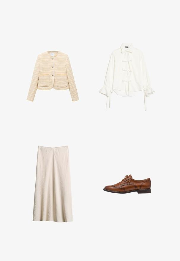 Lichtgele cropped jacket met horizontale strepen, ronde halslijn, sluiting met knopen aan de voorkant en twee opgestikte zakken. Gelaagde stof.; Witte blouse met lange gerafelde mouwen en vijf strikjes voorop, met een klassieke kraag en een lichte high-low zoom.; Crèmekleurige knielange rok gemaakt van gestructureerde stof. Heeft een brede tailleband en een A-lijn ontwerp met een vloeiende silhouet.; Bruine leren brogue oxford schoen met wingtip-details, perforaties, veters en lage gestapelde hak op een witte achtergrond.