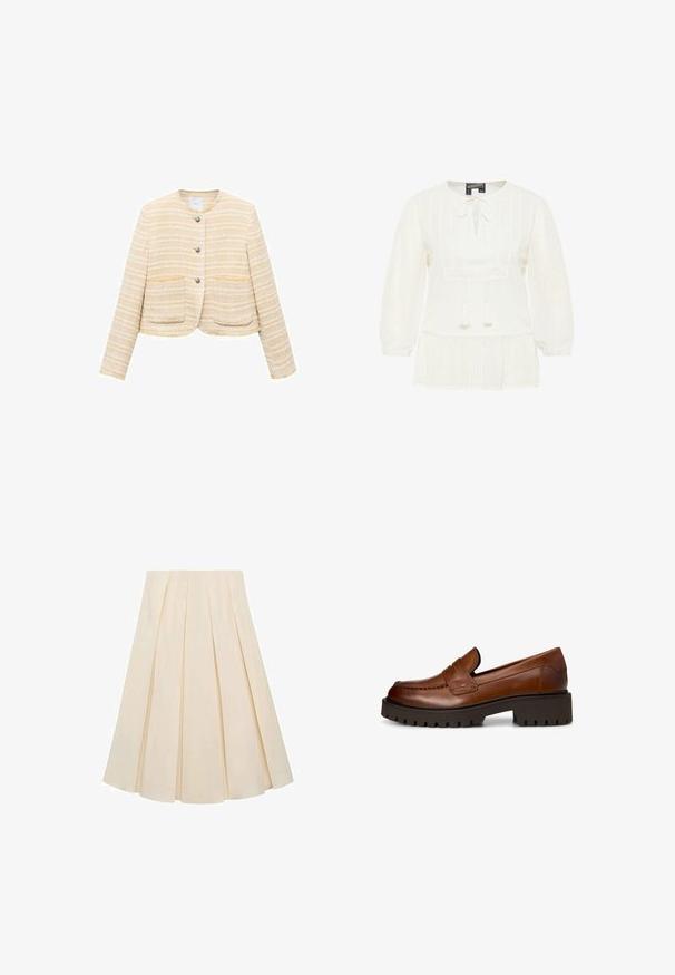 Lichtgele cropped jacket met horizontale strepen, ronde halslijn, sluiting met knopen aan de voorkant en twee opgestikte zakken. Gelaagde stof.; Witte blouse met lange mouwen, een strikdetail aan de voorkant, een 'textured' stof met stippenpatronen en een geplooide peplumzoom.; Plisseerok van crèmekleurige stof; heeft een zachte textuur, een middellange ontwerp en symmetrische plooien die zich uitstrekken van de tailleband tot de zoom.; Bruine leren loafer met dikke zwarte profielzool en lage blokhak, getoond vanaf de zijkant op een witte achtergrond.