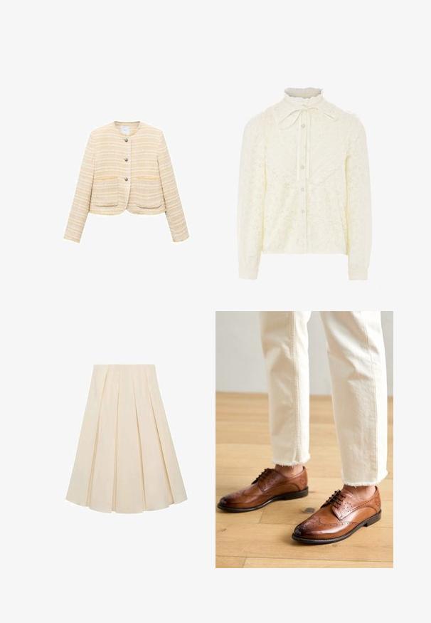 Lys gul cropped jakke med vandrette striber, rund halsudskæring, frontlukning med knapper og to påsyede lommer. Tekstureret stof.; Cremefarvet bluse med lange ærmer, blondekant, høj krave, knapfront og sløjfede detalje. Lavet af tekstureret stof med blomstermønster.; Plisseret nederdel i cremefarvet stof; har en blød tekstur, mellemlang design og symmetriske plisseringer, der strækker sig fra taljen til kanten.; Brune læder brogue sko med perforerede detaljer, rund tå og en glat overflade, parret med cremede bukser med frynset kant.