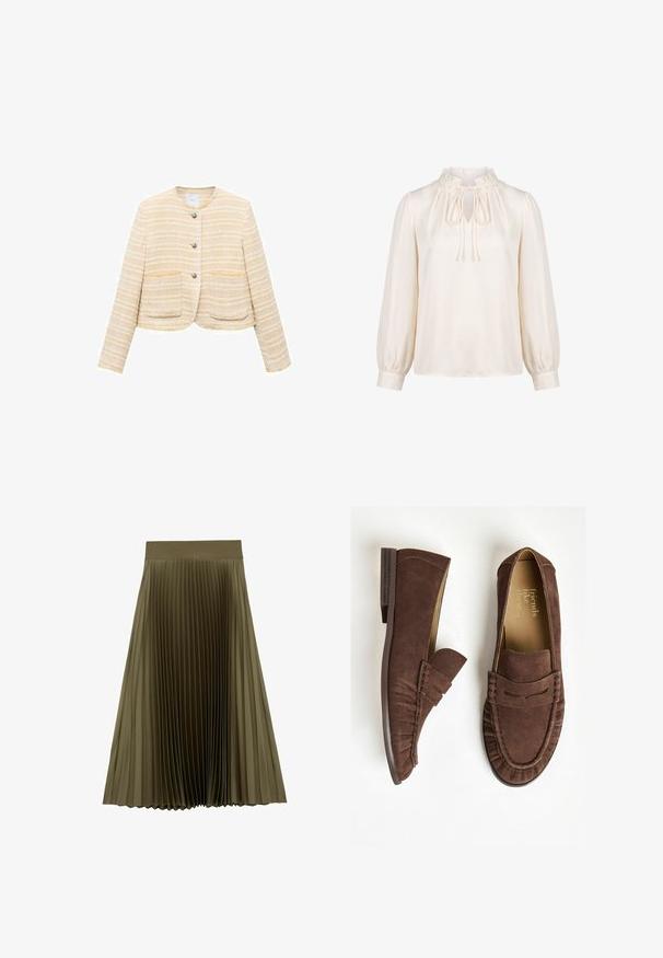 Lys gul cropped jakke med vandrette striber, rund halsudskæring, frontlukning med knapper og to påsyede lommer. Tekstureret stof.; Kremfarvet bluse med lange ærmer, flæsekantet høj krave, perleknapper og sløjfe foran, lavet af glat stof.; Olivengrøn midi-nederdel med bredt linning og fine lodrette folder, udvidet ved kanten, på hvid baggrund.; Brune ruskinds loafers med flad hæl, der har et plisseret design og stikninger. Indvendigt har de en lys foring.