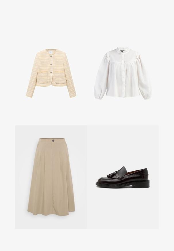 Lys gul cropped jakke med vandrette striber, rund halsudskæring, frontlukning med knapper og to påsyede lommer. Tekstureret stof.; Hvid bomuldsbluse med høj hals med flæser, knaplukning foran og lange puffærmer med elastiske manchetter. Glat tekstur, afslappet stil.; Beige plisseret nederdel lavet af blødt stof, med en tætsiddende talje med knaplukning og en svævende A-formet silhuet.; Mørkebrun læderloafer med duske, syningsdetaljer og en lav stablet hæl på en ensfarvet lys baggrund.