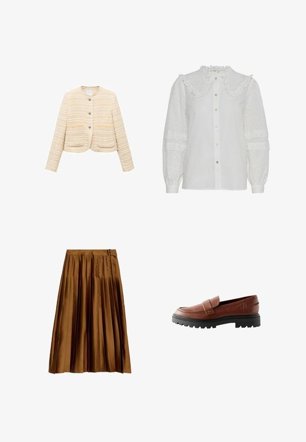 Lys gul cropped jakke med vandrette striber, rund halsudskæring, frontlukning med knapper og to påsyede lommer. Tekstureret stof.; Hvid bluse med en flæsekrave, knaplukning foran og broderet øjenlågdetaljering på de puffede ærmer. Har en subtil glans og blød tekstur.; Brun satin plisseret midi-nederdel med en høj talje og suedetailer, vist fladt på en hvid baggrund.; Brune læder loafers med en forhøjet tåhætte, dekorativ rem og tekstureret sort gummisål med markant mønster.