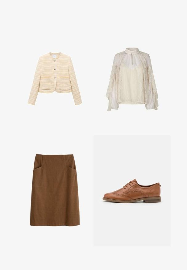 Lys gul cropped jakke med vandrette striber, rund halsudskæring, frontlukning med knapper og to påsyede lommer. Tekstureret stof.; Blondebluse med høj krave, der har lagdelte, lange ærmer, i en off-white farve med et tekstureret blomsterprint og nøglehul ved halsen.; Brun bomuldsnederdel med en tætsiddende talje, to sidelommer og lige snit. Stoffet har en blød tekstur og en subtil glans.; Tamaris Snøresko - nut