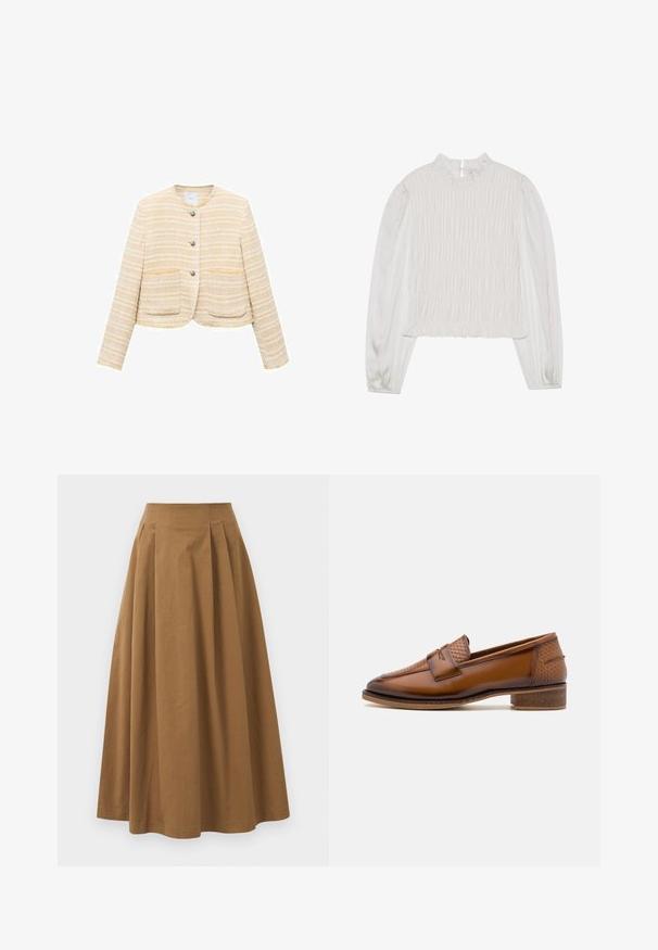 Lys gul cropped jakke med vandrette striber, rund halsudskæring, frontlukning med knapper og to påsyede lommer. Tekstureret stof.; Hvid top med en høj flæset halsudskæring og lange ærmer. Har samlet tekstur på forsiden og glat stof på ærmerne.; Brun bomulds A-linjeet nederdel med høj talje, præget af læg foran og en glat tekstur. Endeafslutningerne er enkle og rene.; Brune læder loafers med en struktureret vævet frontpanel, rund tå og lav stablet hæl. Glat finish med diskret stikningsdetalje.