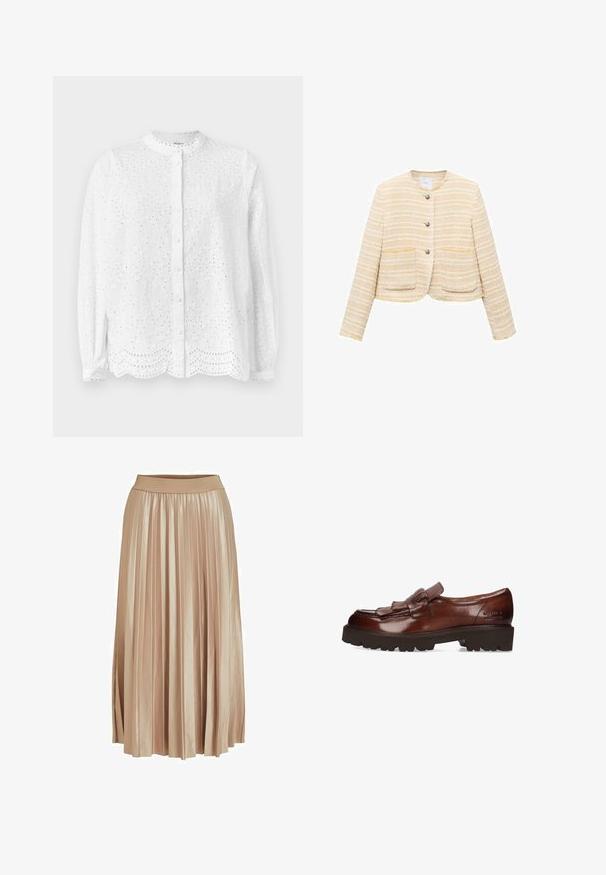 Lichtgele cropped jacket met horizontale strepen, ronde halslijn, sluiting met knopen aan de voorkant en twee opgestikte zakken. Gelaagde stof.; Witte blouse met een ronde halslijn, lange mouwen en knoopsluiting; heeft geborduurde uitsnijdingen en een gegolfde zoom.; Plisse midi rok van lichtbeige satijnen stof. Voorzien van een brede, elastische tailleband en elegante verticale plooien over de gehele lengte.; Bruine leren loafers met een franjesdetail en een stevige, textuurvolle zool. Heeft een gladde afwerking en reliëfbranding aan de zijkant.