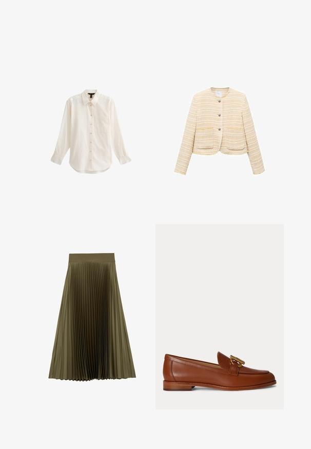 Lichtgele cropped jacket met horizontale strepen, ronde halslijn, sluiting met knopen aan de voorkant en twee opgestikte zakken. Gelaagde stof.; Lichtgekleurde, langmouwige blouse met knopen, voorzien van een kraag, een enkele borstzak en een zachte textuur met een licht gebogen zoom.; Olijfgroene midi geplooide rok met een brede, gladde tailleband en gelijkmatig verdeelde smalle plooien.; Bruine leren loafer met lage gestapelde hak en gouden metalen gespdetail bovenop, getoond in zijaanzicht op een effen achtergrond.