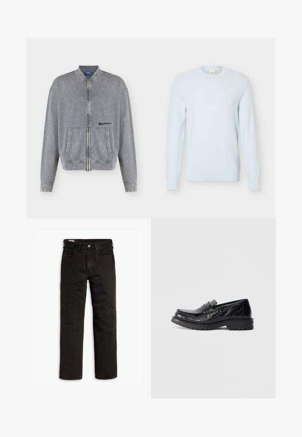 Grijze spijkerjas met volledige ritssluiting, lange mouwen, voorzakken en klein zwart "Karl Lagerfeld Jeans" logo op de borst.; Lichtblauwe gebreide trui met lange mouwen, een ronde hals en een gestructureerd patroon, weergegeven tegen een effen witte achtergrond.; Zwarte recht gesneden denim jeans met vijf zakken, knoopsluiting en riemlussen, plat gelegd op een witte achtergrond.; Zwarte loafer van krokodillenleer met een chunky zool en een pennyband, zijaanzicht, geïsoleerd op een lichte grijze achtergrond.
