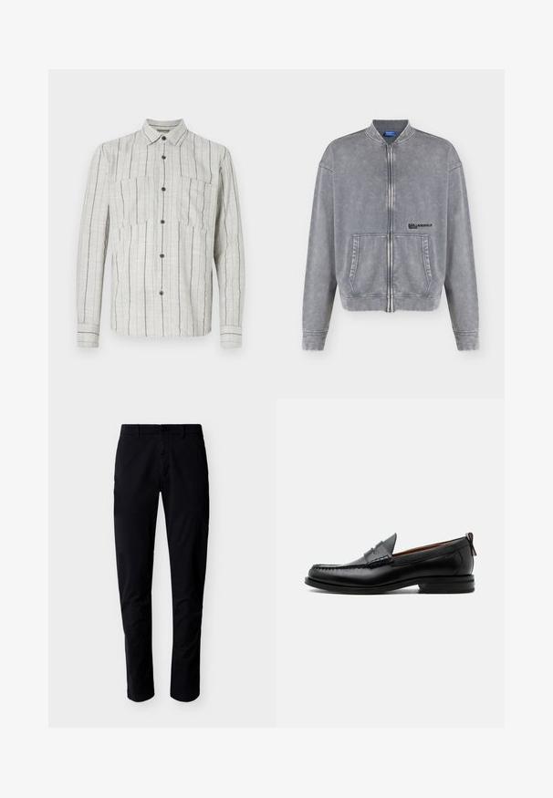 Grå denimjakke med fuld lynlås, lange ærmer, forlommer og lille sort "Karl Lagerfeld Jeans" logo på brystet.; Lysegrå langærmet skjorte med knapper, vertikale sorte striber og to brystlommer foran.; Sorte, slanke bukser med bæltestropper, frontknap og lynlås, vist på en hvid baggrund.; Sort læder herre loafer med moc-tå syning, penny strop, struktureret krave og lav stablet hæl på hvid baggrund.