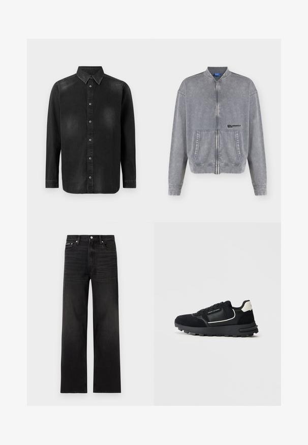 Harmaa täysvetoketjullinen farkkutakki, jossa pitkät hihat, etutaskut ja pieni musta "Karl Lagerfeld Jeans" -logo rinnassa.; Musta farkkutakki, jossa on napitettava kaulus, pitkät hihat ja etu-napituksella varustettu suljenta. Ominaisuuksiin kuuluu hieno haalistuminen ja muotoiltu istuvuus.; Mustat suoralahkeiset farkut, joissa on viisipokainen muotoilu, vyölenkit ja napillinen kiinnitys, esitetty valkoisella taustalla.; Musta matala sneaker verkko- ja tekstuuripinnoilla, valkoiset yksityiskohdat kantapäässä ja sivuilla, brändättynä "Armani Exchange" ulkopuolella.