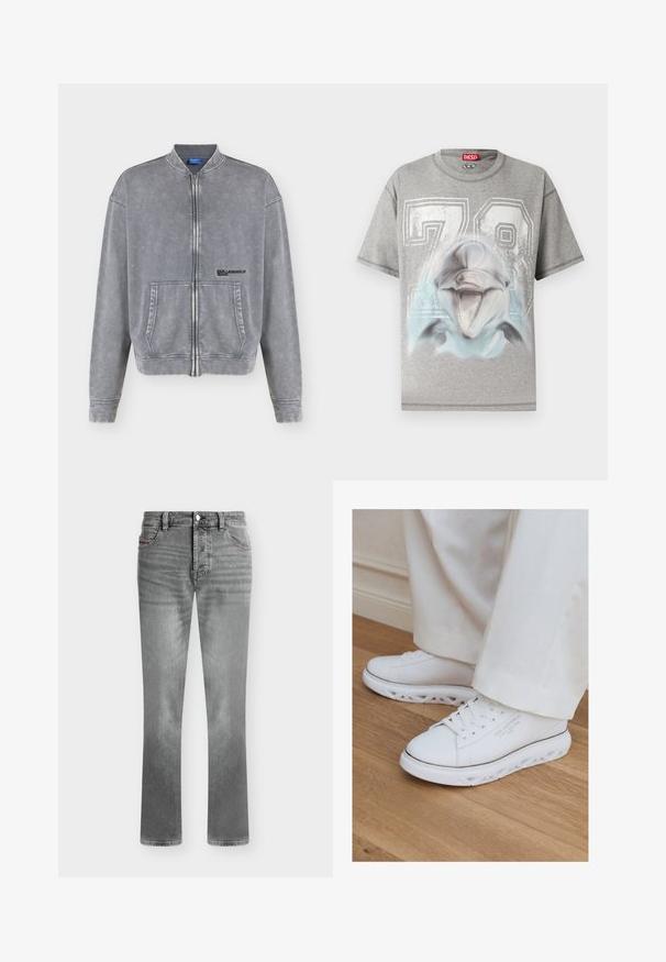 Veste en jean grise à fermeture éclair intégrale, manches longues, poches avant et petit logo noir « Karl Lagerfeld Jeans » sur la poitrine.; T-shirt gris à manches courtes avec un grand imprimé blanc "78" et un graphisme détaillé d'une tête de dauphin souriante à l'avant.; Jean gris à coupe droite, fermeture par bouton et zip, poches avant et arrière, avec des détails subtilement délavés.; Baskets basses blanches avec semelles découpées uniques portées avec un pantalon clair sur un sol en bois.