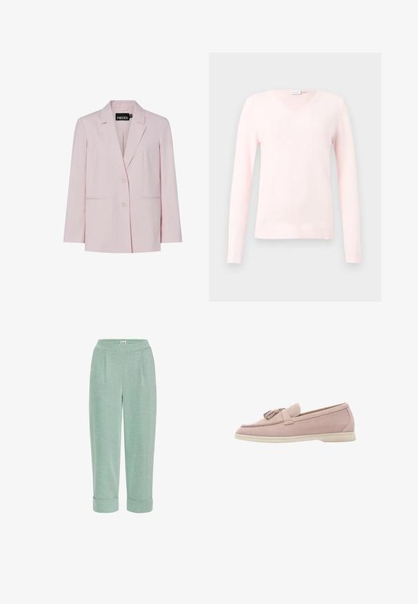 Lyserød damesblazer med hakkede revers, to knapper og lommer med slidser, mærket "PIECES" indeni kraven.; Lyserød v-hals sweater med lange ærmer, lavet af blødt materiale, ribbet kant og manchetter, glat tekstur, enkelt design uden mønstre.; Lysegrønne cropped bukser med en blød tekstur, der har en rullet kant og frontfoldninger, designet til komfort og afslappet brug.; Lyserød ruskinds slip-on sko med rund tå og frynseaccent. Har en glat overflade og en beige gummisål.