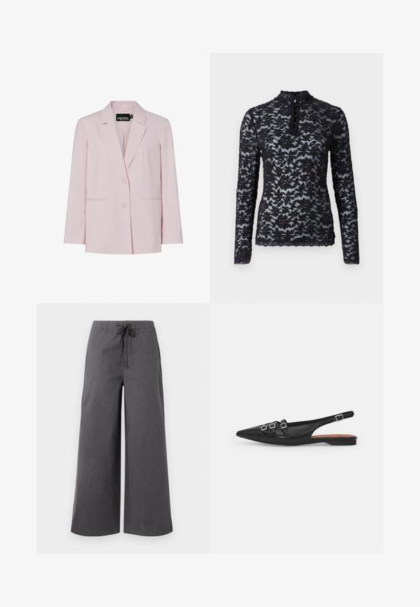 Lyserød damesblazer med hakkede revers, to knapper og lommer med slidser, mærket "PIECES" indeni kraven.; Rosemunde Langærmet T-shirt - black; Bredde ben, mørkegrå bukser lavet af et blødt stof, med en elastisk talje og snor i, samt minimale syninger.; Sort læderslyngeflad sko med spids tå, der har to vandrette stropper og firkantede sølvspænder, lav hæl og glat tekstur.