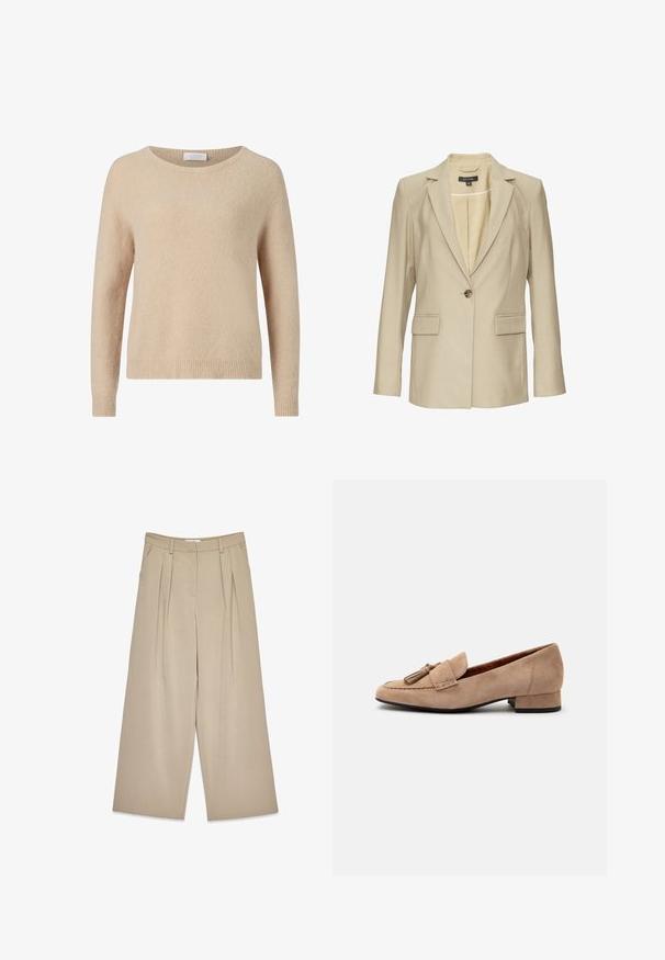 Blazer beige en tissu texturé, avec un col cranté, une fermeture à un bouton et deux poches à l'avant. Doublure intérieure visible.; Pull en tricot beige avec un col rond, des manches longues et un ourlet côtelé. Texture douce et coupe décontractée. Étiquette visible au niveau du col.; Pantalons larges beige avec plis avant, poches latérales, passants de ceinture et fermeture frontale dissimulée.; Mocassin beige en daim à petit talon, avec une décoration à pompons sur le devant et un bout arrondi, présenté de profil sur un fond blanc.