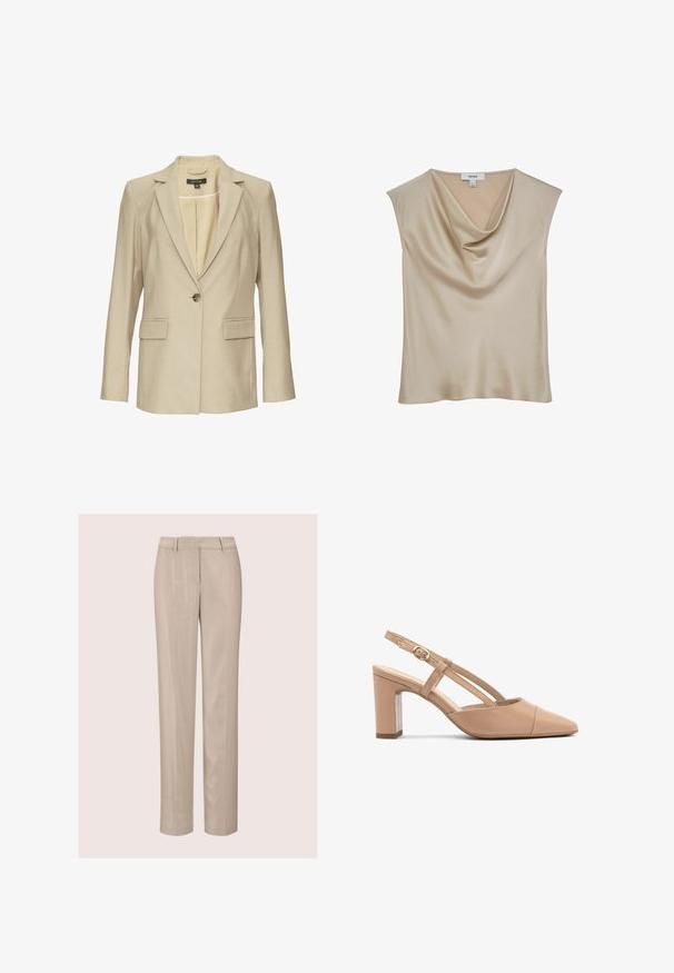 Beige Blazer aus strukturiertem Stoff, mit Reverskragen, einreihiger Knopfschluss und zwei Vorderseiten-Taschen. Futter sichtbar.; Beige satinierte ärmellose Bluse mit Wasserfallausschnitt, mit dem Label "REISS", vor weißem Hintergrund präsentiert.; Beige maßgeschneiderte Hosen mit geradem Bein, glatter Textur und flachem Frontdesign. Verfügt über Gürtelschlaufen und seitliche Taschen.; Beige Leder Slingback-Absätze mit einer spitzen Zehenform, Blockabsatz und einem Riemen mit einer kleinen goldenen Schnalle. Glatte Textur, minimalistisches Design.