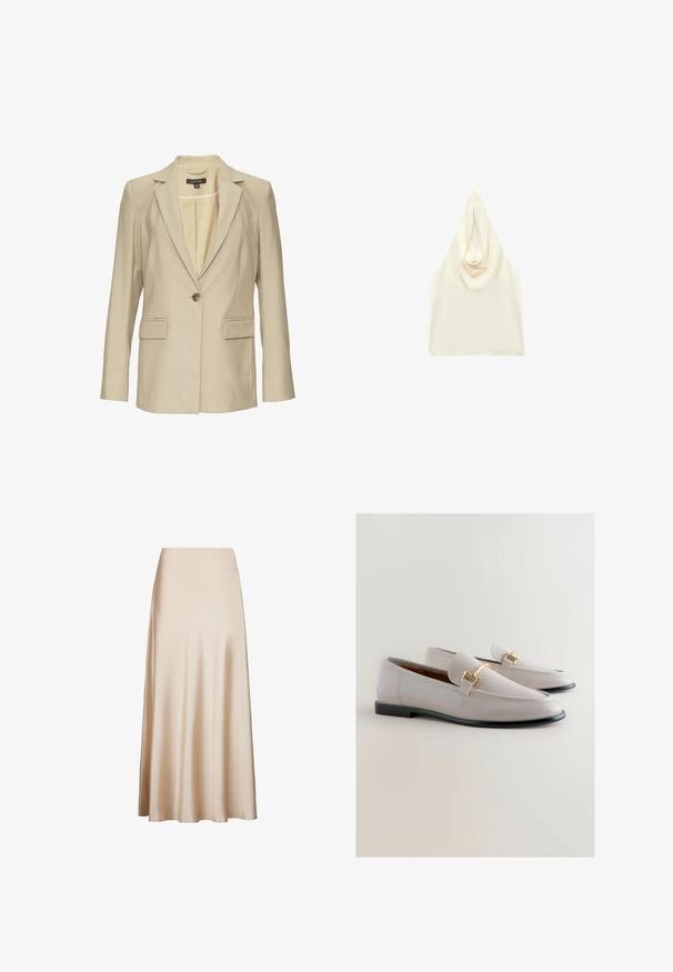 Beige Blazer aus strukturiertem Stoff, mit Reverskragen, einreihiger Knopfschluss und zwei Vorderseiten-Taschen. Futter sichtbar.; Cremefarbener Satin-Halter-Top mit drapiertem Ausschnitt und ärmellosem Design.; Beige Satin-Midirock mit glatter Textur und ausgestelltem Design von der Taille bis zum Saum, in A-Linie. Keine sichtbaren Muster oder Akzente.; Helle graue Lederloafer mit spitzem Zehenbereich, versehen mit einem goldfarbigen Metallakzent und einem niedrigen schwarzen Absatz. Glatte Textur, minimalistisches Design.