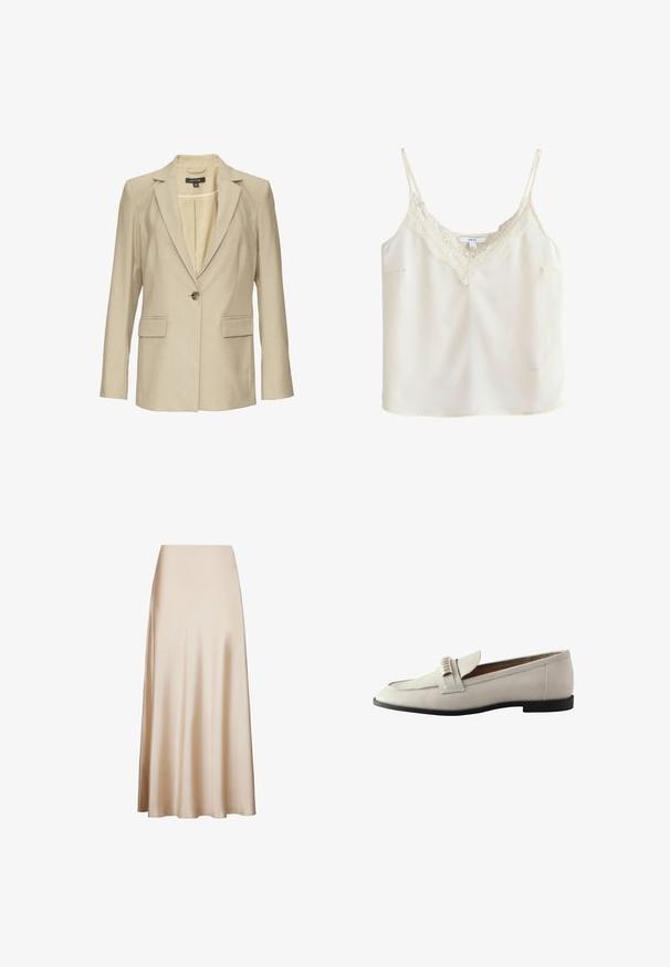 Beige blazer gemaakt van textiel met textuur, voorzien van een reverskraag, sluiting met één knoop en twee voorzakken. Voering aan de binnenkant zichtbaar.; Roomkleurig mouwloos hemd met dunne bandjes en kanten randje langs de V-hals, afgebeeld op een effen achtergrond.; Beige satijnen midi-rok met een gladde textuur en een uitlopende snit van taille tot zoom, met een A-lijnvorm. Geen zichtbare patronen of accenten.; Lichtgrijze leren loafer met een ronde neus, voorzien van een omgevouwen tong en decoratieve hardware. Zwarte rubberen zool, subtiele stiksels.