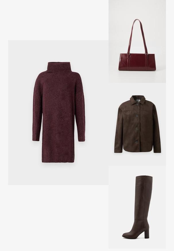 Brun faux suède jakke med krave, seks sorte knapper og lige snit. Har en glat tekstur og minimalisk design.; Bourgogne strikket sweaterkjole med høj ribbet krave, lange ærmer og løs pasform. Blød tekstur med en let børstet finish.; Brun læderknæhøj støvle med en blokhæl, glat tekstur, rund tå og minimale syninger.; Bordeaux håndtaske lavet af glansfuldt materiale, rektangulær form, med to skulderremme og subtile buede detaljer på forsiden.