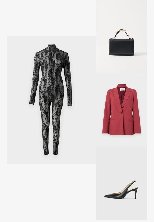 Rød skræddersyet blazer med spidse revers, enkelt knaplukning og to forlommer. Glat tekstureret stof og satinforet inderside.; Sort blonde bodysuit med lange ærmer, høj krave og blomstermønster, der dækker hele overfladen. Tæt siddende design med gennemsigtig tekstur.; Sorte læder slingback højhælede sko med spids tå, justerbar rem og en slank stiletto hæl, der har en glat finish.; Sort læderhåndtaske med rektangulær form, der har en top-håndtag og hardware i guldtonet. Glat tekstur, minimalistisk design.
