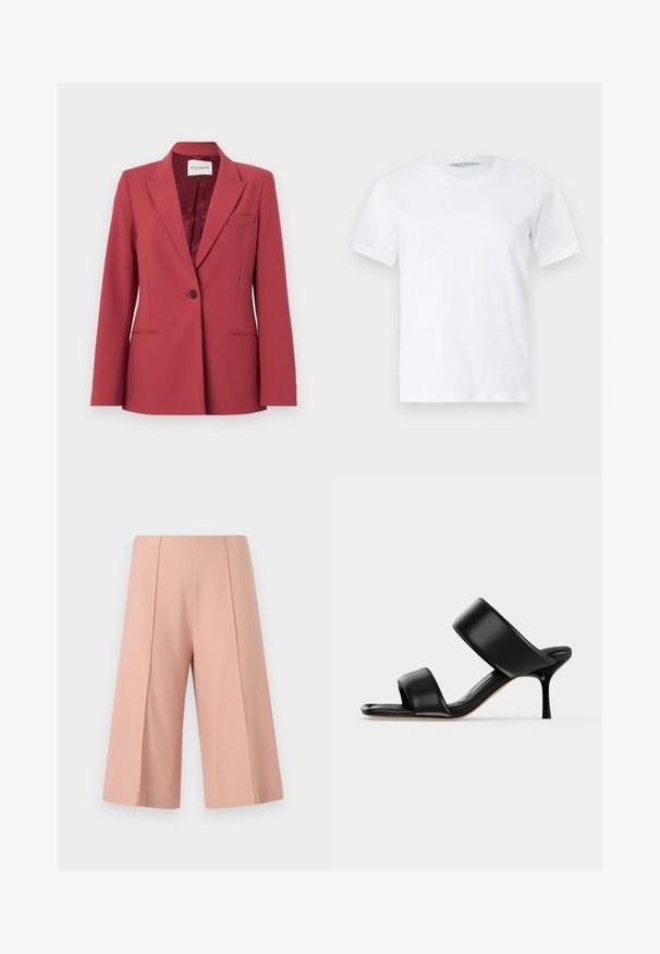 Blazer rojo a medida con solapas con muesca, cierre de un solo botón y dos bolsillos frontales. Tela de textura suave y forro interior de satén.; Camiseta blanca lisa de manga corta y cuello redondo, colocada plana sobre un fondo claro, mostrando la vista frontal con una pequeña etiqueta de marca visible dentro del cuello.; AERON PEN - Shorts - mottled pink; Sandalia mule de cuero negro con dos tiras anchas y un tacón de aguja delgado de altura media sobre un fondo claro y sencillo.