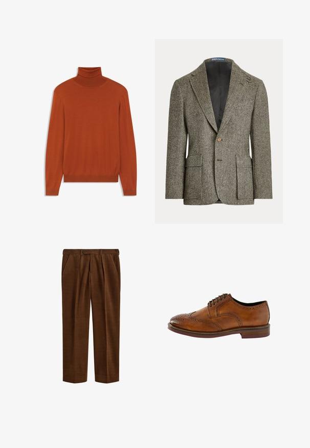 Braun-weiß gemusterter Herrenblazer mit Fischgrätmuster, mit Kerbkragen, Ein-Knopf-Verschluss und vorderen Klappentaschen.; Rostfarbener Rollkragenpullover aus weichem Material. Figurbetontes Design mit langen Ärmeln und geripptem Kragen sowie Saum. Glatte Textur im gesamten Pulli.; Braune Cordhose mit Falten, seitlichen Taschen, Gürtelschlaufen und einem Knopfverschluss an der Taille, flach auf einem weißen Hintergrund liegend dargestellt.; Braune Schnürschuhe aus Leder mit Brogue-Verzierungen, runder Zehenpartie und einer kontrastierenden Sohle. Verfügt über gestickte Akzente und eine strukturierte Oberfläche.