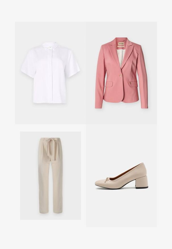 Veste rose pour femmes, cintrée, avec revers crantés, fermeture par un seul bouton, poches à rabat et doublure intérieure blanche à motifs.; Chemise blanche à manches courtes en tissu lisse, dotée d'un col pointu et d'une patte de boutonnage avec un bouton d'accent vert.; Pantalon beige taille haute avec une ceinture en tissu nouée en nœud, coupe droite et détails minimalistes sur un fond uni.; Pompe en cuir beige avec un bout arrondi, détail de nœud décoratif à l'avant et un talon carré épais. Texture lisse et design simple.