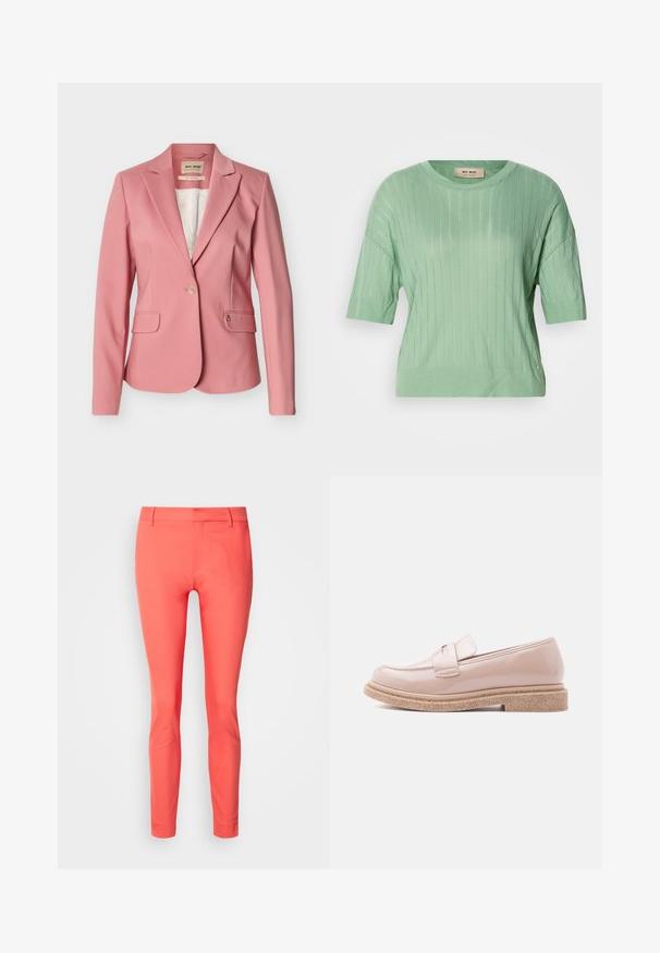 Blazer rosa a medida para mujer con solapas con muesca, cierre de un solo botón, bolsillos con solapa y forro interior blanco con estampado.; Suéter de manga corta verde menta con textura acanalada, cuello redondo y un ajuste ligeramente holgado. Presenta un pequeño logo en el lateral.; Pantalones slim-fit color coral, confeccionados en tejido suave, con cierre de cremallera, passantes para cinturón y un diseño elegante sin bolsillos.; Mocasín rosa pálido brillante con una suela texturizada en tono beige y una correa a juego sobre la parte superior, mostrado de perfil sobre un fondo claro.