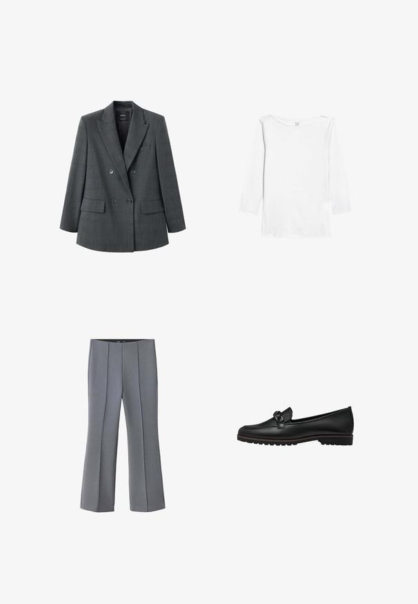 Blazer gris oscuro de doble botonadura con un sutil patrón de cuadros, solapas con muesca, dos bolsillos delanteros con solapa y cuatro botones al frente.; Camiseta blanca de manga larga con un cuello amplio y redondeado y un cuerpo ajustado. Presenta un dobladillo recto y sin adornos, y tiene una textura suave y lisa.; Pantalones gris de pierna recta con una tabla delantera entallada y cintura alta, mostrados planos sobre un fondo blanco.; Mocasines de cuero negro con un acento trenzado en la parte delantera, suela de goma plana y detalles de costura a lo largo del borde.