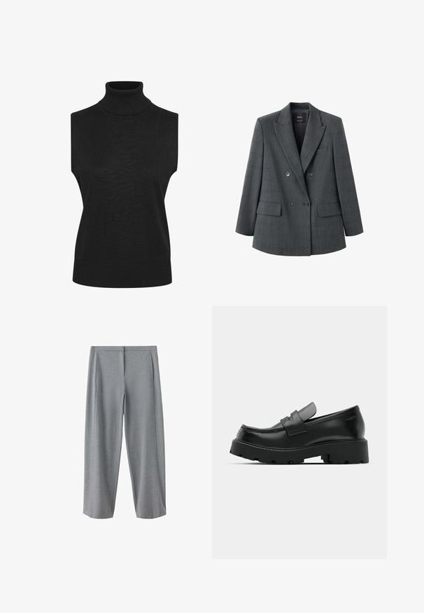 Blazer gris oscuro de doble botonadura con un sutil patrón de cuadros, solapas con muesca, dos bolsillos delanteros con solapa y cuatro botones al frente.; Suéter negro sin mangas con cuello alto, fabricado en material acanalado, que presenta una silueta ajustada y un cuello elevado. Los detalles incluyen un dobladillo recto.; Pantalones de vestir gris claro de pierna recta con frente plano y pliegue sutil a lo largo de cada pierna, mostrados sobre un fondo blanco.; Mocasines de cuero negro con suela gruesa y texturizada, que presentan una correa sobre el empeine y un acabado suave y pulido.