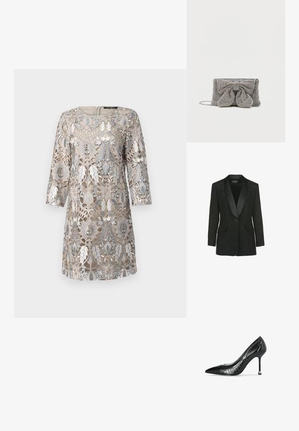 Sort struktureret blazer med satin peak-lapper. Har små glitrende detaljer overalt og to frontlommer. Knaplukning med en enkelt knap.; Beige kjole med intrikate sølv blomsterblonder, trekvartærmer, rund halsudskæring og lynlås i ryggen. Tekstureret design detalje.; Sort spids højhælet sko med blank krokodilletekstur og en slank stilet hæl med en lille metalspids.; Glitrende grå håndtaske med en tekstureret overflade, der har en stor sløjfe-accent på forsiden og en kædrem. Kompakt rektangulær form.
