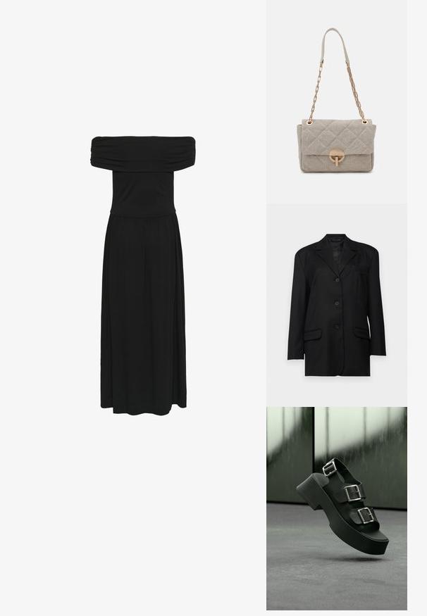 Sort blazer med spidse klapper, enkeltknaps lukning, to frontlommer og en brystlomme; lavet af glat stof med en struktureret form.; Sort off-the-shoulder maxi-kjole med samlet bodice og flydende kjole, lavet af blødt stof med en glat tekstur og elastisk talje.; Sort platformsandal med tre brede remme og sølvspænder, svævende over et gråt tæppe med sløret glasbaggrund.; Vanessa Bruno MOON - Skuldertasker - sable