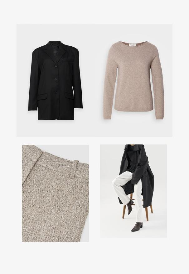 Sort blazer med spidse klapper, enkeltknaps lukning, to frontlommer og en brystlomme; lavet af glat stof med en struktureret form.; Marc O'Polo LONGSLEEVE ROUND NECK - Striktrøje - shaded brown melange; Stof med fiskbenmønster i nuancer af beige og grå, med en struktureret talje og en detaljeret vævningstekstur.; Sort, oversized trenchcoat over en sort top, parret med hvide bukser og brune, spidse ankelstøvler, siddende på en træstol.