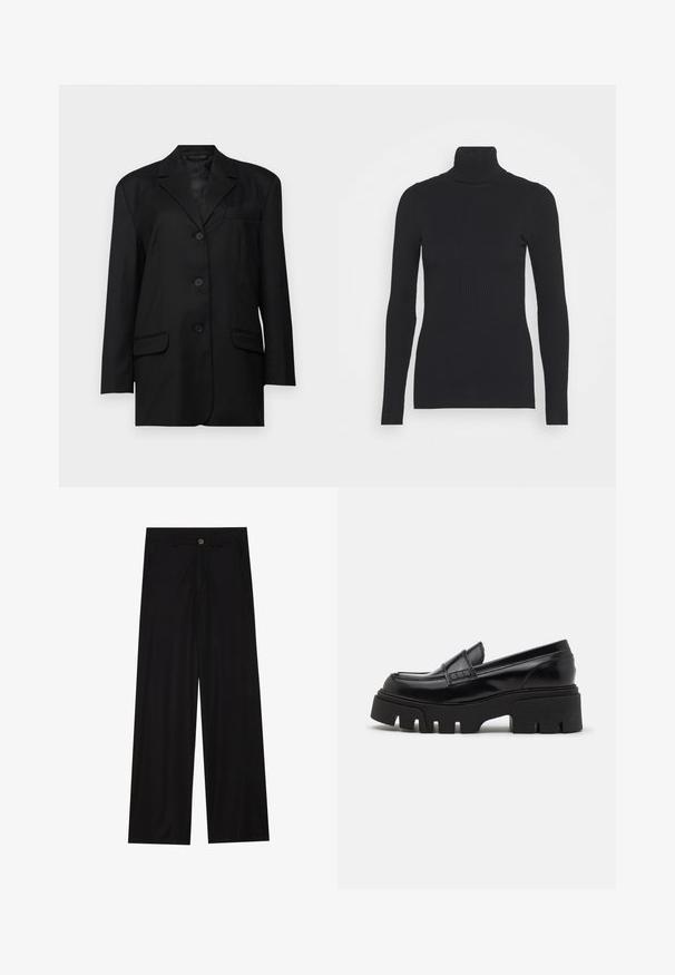 Sort blazer med spidse klapper, enkeltknaps lukning, to frontlommer og en brystlomme; lavet af glat stof med en struktureret form.; Sort ribbet rullekravesweater med lange ærmer og en tætsiddende silhuet. Teksturen er glat med et vandret ribmønster.; Bredde ben sorte bukser lavet af et glat stof, med forlommer og knaplukning i taljen. Minimalistisk design uden mønstre.; Sorte læder loafers med en chunky, tekstureret platformssål og en dekorativ rem over toppen. Glat, blank finish.