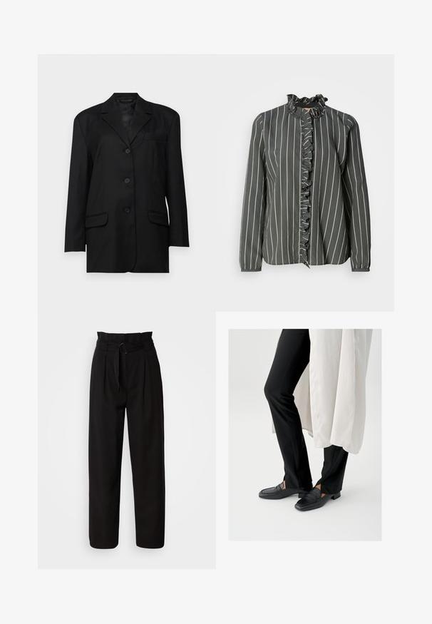 Blazer noir avec un col cranté, fermeture à un bouton sur le devant, deux poches avant et une poche poitrine ; fabriqué en tissu lisse avec une coupe structurée.; Mos Mosh STRIPE SHIRT - Chemisier - urban chic; Pantalon noir taille haute à jambes larges, avec plis avant et une ceinture en tissu avec une boucle circulaire. Texture lisse et design ajusté.; Mocassins en cuir noir avec un bout carré et un petit talon carré, associés à un pantalon noir ajusté et une couche extérieure blanche fluide.