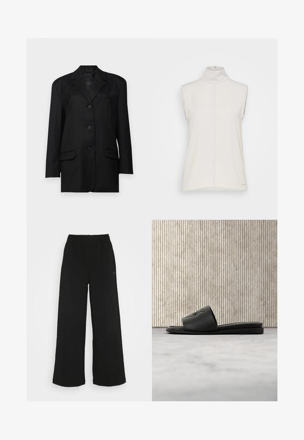Zwarte blazer met een geknipte revers, enkelzijdige knoopsluiting, twee voorzakken en een borstzak; gemaakt van gladde stof met een gestructureerde vorm.; Mouwloze witte turtleneck top van gladde stof, met een centrale naad en een subtiele logo-tag onderaan. Minimalistisch ontwerp.; Zwarte wijde broek met een elastische tailleband. Gemaakt van een zachte, lichte stof. Heeft verticale naden aan de voorkant.; Zwarte slideslipper met geëmbosteerde letters "D" en "N" op de band, geplaatst op een licht tapijt naast een amberkleurige doorzichtige tafel.