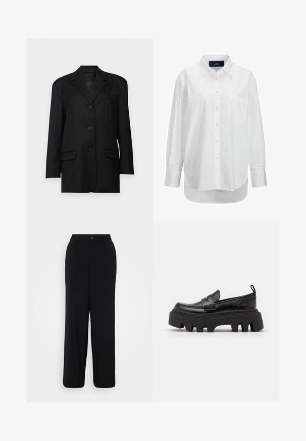 Blazer negro con solapa muesca, cierre de botón de un solo pecho, dos bolsillos frontales y un bolsillo en el pecho; fabricado con una tela suave y de forma estructurada.; Camisa blanca de manga larga en algodón suave con cuello abotonado, bolsillo frontal y dobladillo curvado. Cuenta con un canesú en la parte posterior para mayor estructura.; Pantalones de pierna ancha negros hechos de una tela suave. Presenta una cintura con cierre de botón y detalles de pliegue en la parte delantera.; Mocasines de cuero negro con una suela de goma negra gruesa, que cuentan con ranuras antideslizantes y una correa decorativa en la parte delantera.