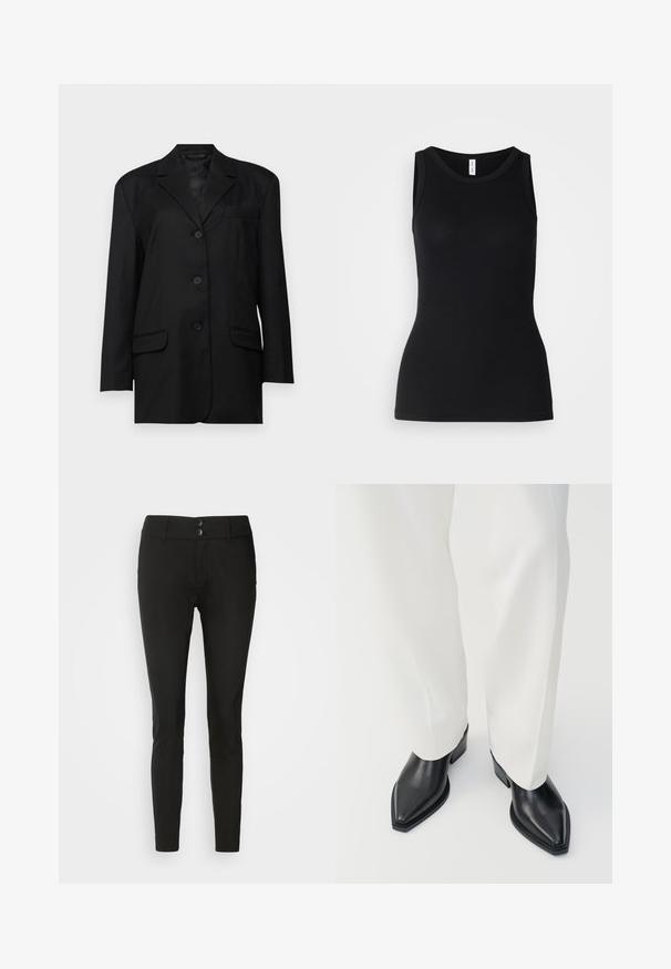 Zwarte blazer met een geknipte revers, enkelzijdige knoopsluiting, twee voorzakken en een borstzak; gemaakt van gladde stof met een gestructureerde vorm.; Zwarte mouwloze tanktop van ribbelstof, met een ronde halslijn en een nauwsluitend ontwerp, met een gladde textuur en zonder patronen.; Zwarte slim-fit broek van gladde stof, met twee knopen aan de voorkant en een klassieke tailleband. Geen zichtbare patronen of versieringen.; Zwarte puntige enkellaarzen met een gladde leren afwerking, lage blokhakken, gecombineerd met witte wijde broekspijpen. Eenvoudig en modern design.