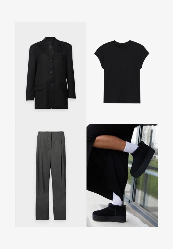 Sort blazer med spidse klapper, enkeltknaps lukning, to frontlommer og en brystlomme; lavet af glat stof med en struktureret form.; Sort bomulds T-shirt med rund halsudskæring, korte ærmer og en afslappet pasform. Glat tekstur uden synlige mønstre eller udsmykninger.; Grå skræddersyede bukser lavet af vævet stof, med lige ben, frontfolder og en glat tekstur.; Sorte suede ankelstøvler med flad sål, med en bageste træksløjfe, båret med hvide ankelstrømper mod en minimalistisk baggrund.