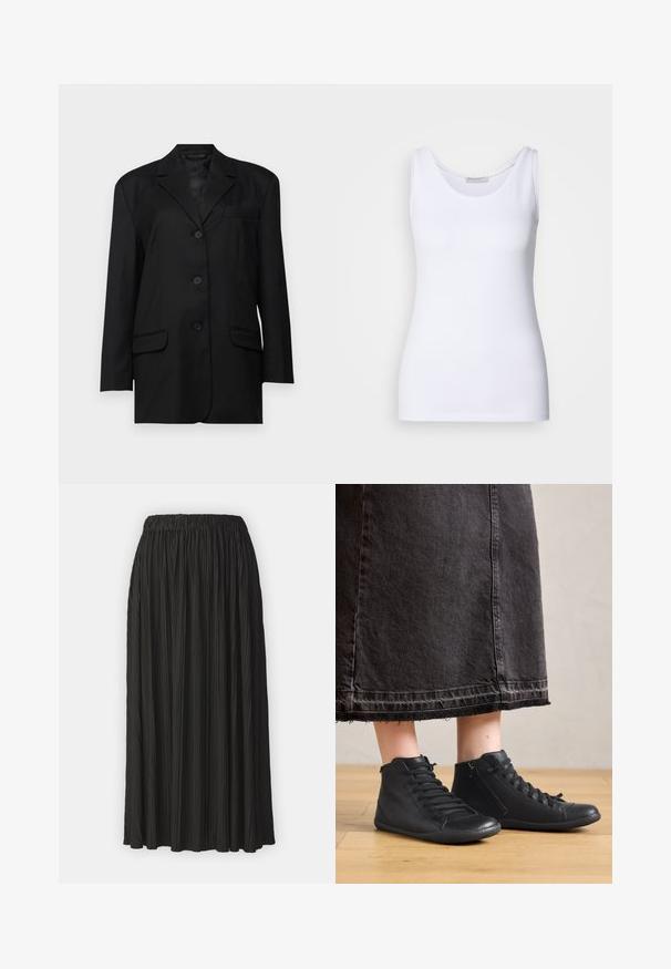 Schwarzer Blazer mit Reverskragen, einreihiger Knopfverschluss, zwei Fronttaschen und einer Brusttasche; aus glattem Stoff mit strukturierter Form.; Weißes Tanktop aus glattem, dehnbarem Stoff. Verfügt über einen runden Halsausschnitt und breite Träger. Der Saum sitzt knapp unter der Taille. Keine Muster oder Akzente.; Schwarzer, plissierter Midirock mit elastischem Bund, der eine glatte Textur und vertikale Falten im gesamten Stoff aufweist.; Schwarze Leder-Hochschuhe mit glatter Oberfläche, ausgestattet mit Schnürsenkeln und einem seitlichen Reißverschluss. Getragen mit einem langen schwarzen Jeansrock.
