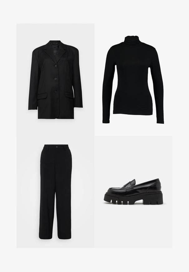 Sort blazer med spidse klapper, enkeltknaps lukning, to frontlommer og en brystlomme; lavet af glat stof med en struktureret form.; Sort langærmet turtleneck top lavet af glat stof, med et tætsiddende design og høj hals, velegnet til lag-på-lag brug eller som en selvstændig beklædningsgenstand.; Sorte breddebenbukser lavet af et glat stof. Har en taljebånd med en knaplukning og detaljer med frontfolder.; Sorte læder loafers med en chunky, tekstureret platformssål og en dekorativ rem over toppen. Glat, blank finish.
